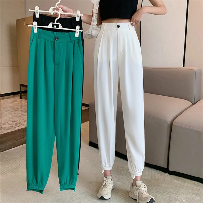 

Elasticity High Waist Women Pants Loose Summer 2021 Thin Section Drape Sweatpants Fashion Girls Ankle-Length Harem Pants Green
