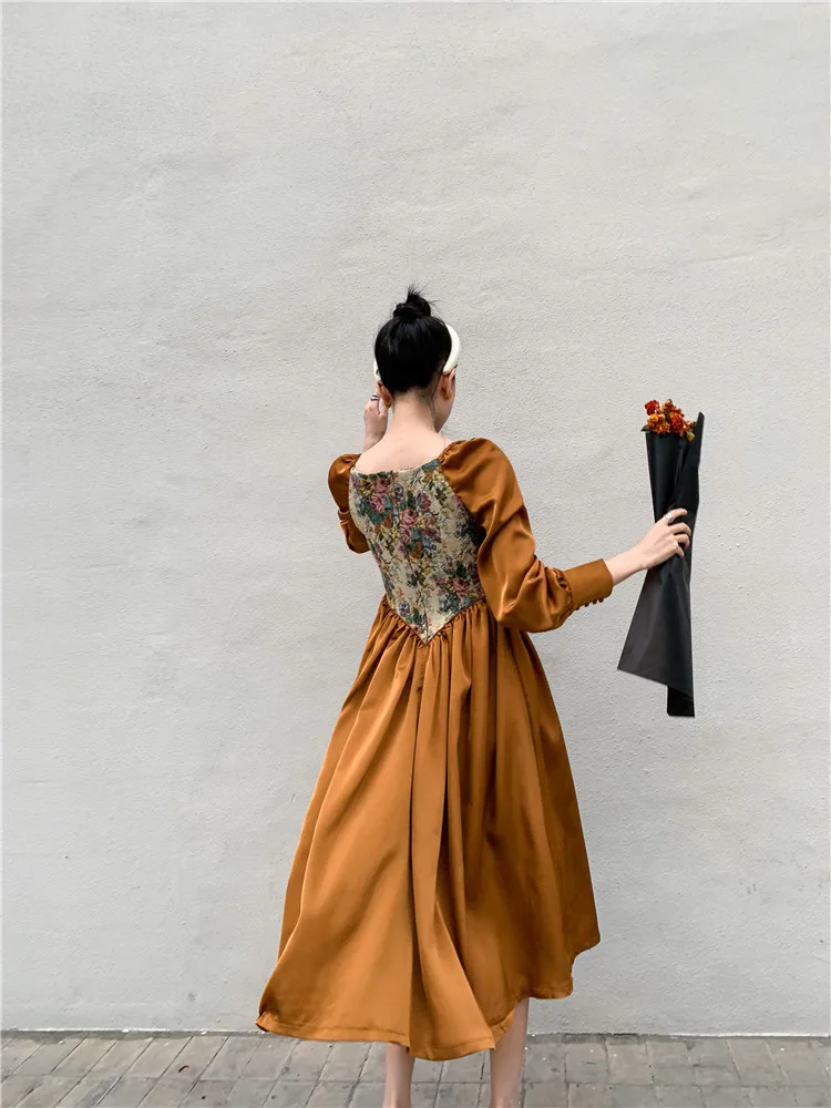 CHEERART Vintage Jacquard Long Sleeve Tunic Dress Women Autumn A Line Square Neck Floral Midi Ladies Gold | Женская одежда