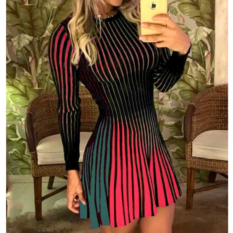 

SFAKUNTN triped Print Slim Fit Mini Dress