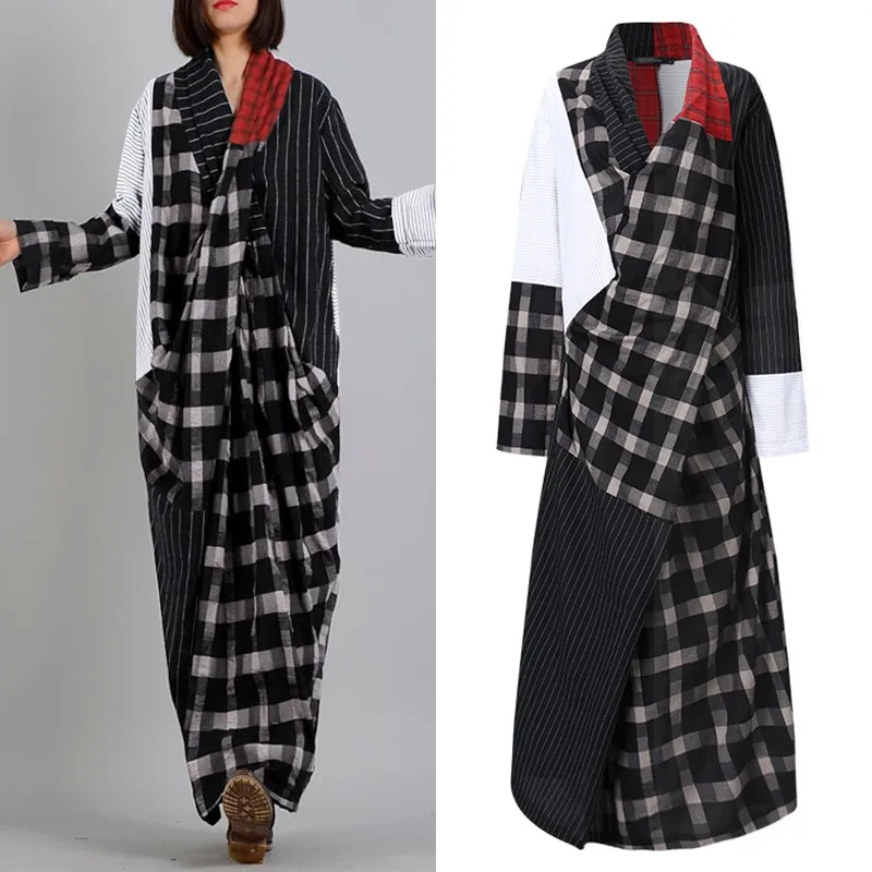 

Oversized Asymmetrical Dress Woman Spring Sundress ZANZEA Casual Long Sleeve Plaid Vestidos Female V-Neck Patchwork Retro Robe