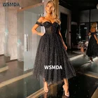 Черное блестящее Тюлевое платье в горошек с открытыми плечами для выпускного вечера 2021 вечерние платья до середины икры трапециевидные вечерние платья