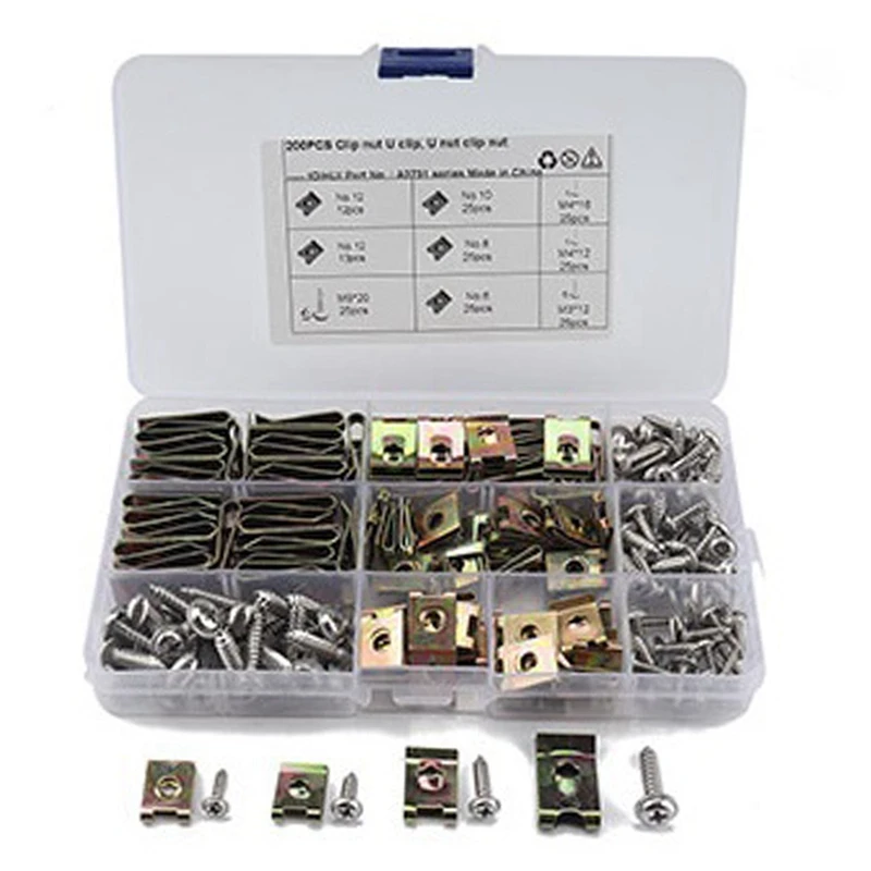 

200 Pieces U Metal Nut No.6 8 10 12 Clamp With Fastener Flange Tapping Screw Parts Classification Kit
