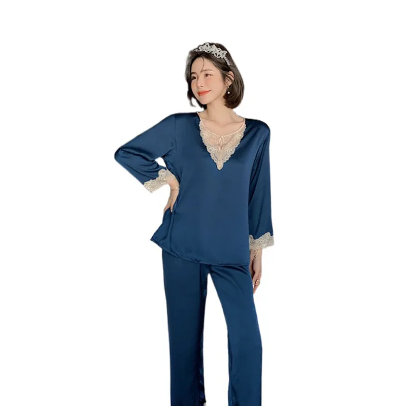

New Ice Silk Pajamas Women's Long-sleeved Trousers Suit Spring and Autumn Fashion Sexy Lace Home Service