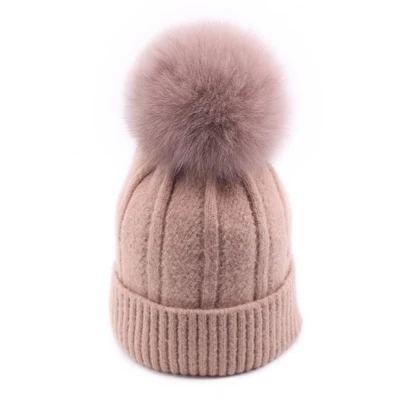 Pink Зимняя женская вязаная шапка Skullies, Женская бини, шапка с настоящим помпон из лисьего меха, Роскошные плотные теплые уличные Лыжные шапки Gorro для девочек - Цвет: Pink