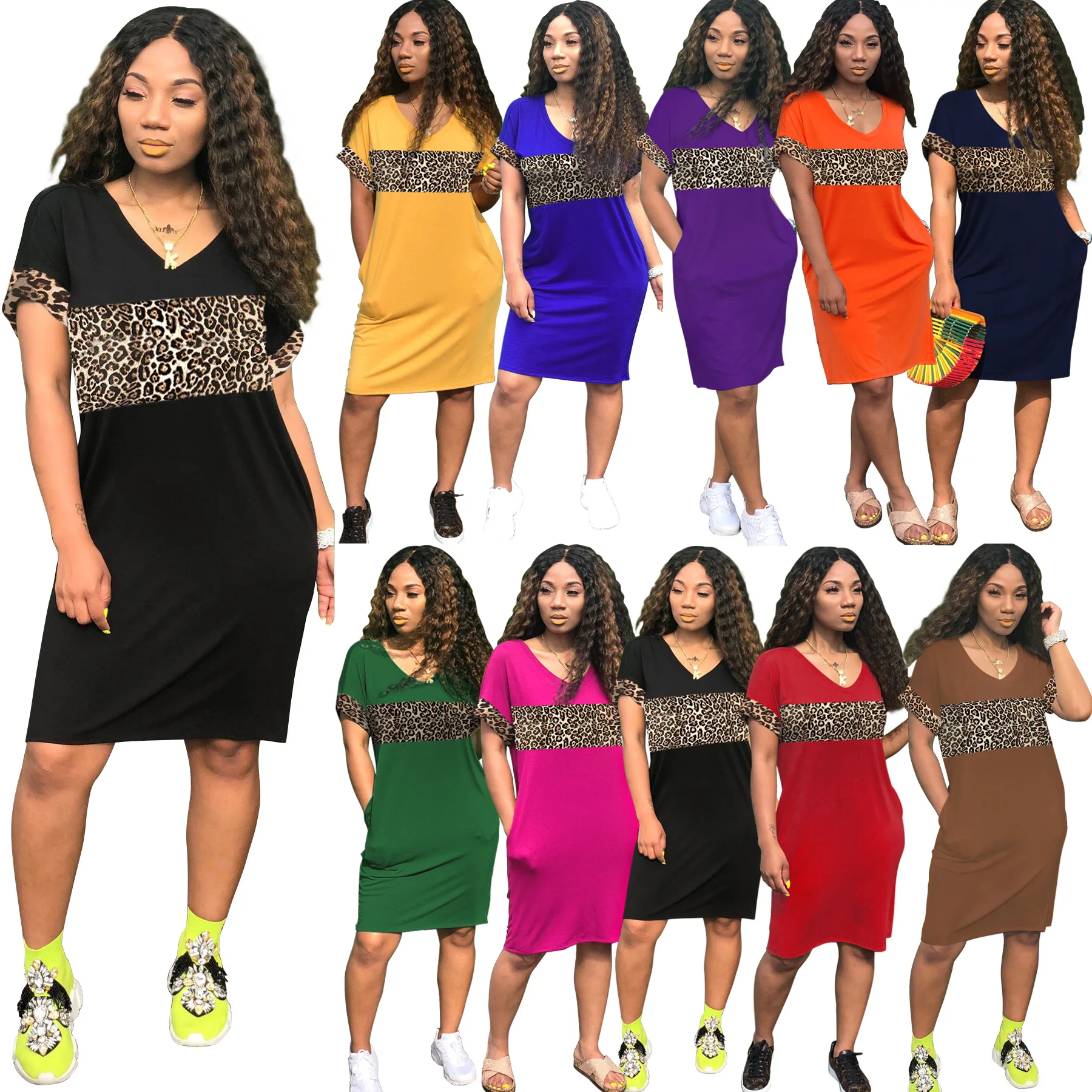 

Women Summer Leopard Pocket Splicing v-neck Short Sleeve Tee Dress Above Knee Mini Casual Bodycon Dresses