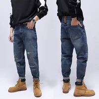 street style fashion men jeans retro blue loose fit casual wide leg ripped jeans men patches designer hip hop denim hole pants