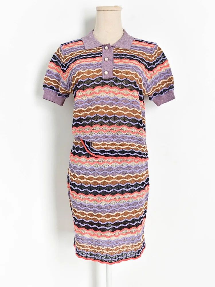 

Женский брендовый дизайнерский комплект из 2 предметов, подиумный трикотажный топ контрастных цветов с круглым вырезом и юбка с вырезами