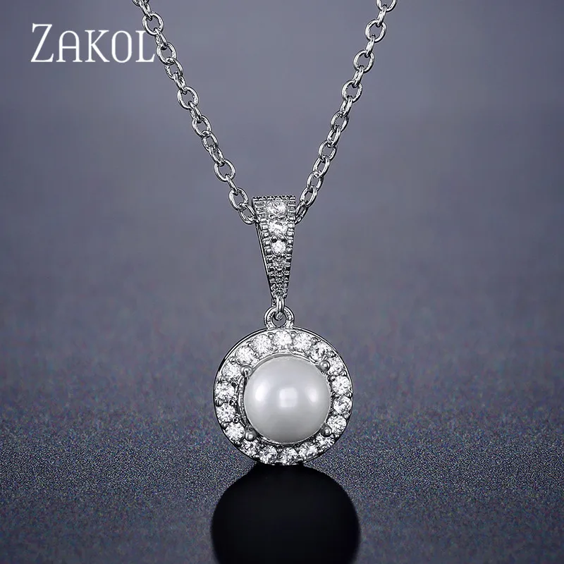 Sliver Color ZAKOL милый круглый искусственный жемчуг и кубический цирконий кулон ожерелье для женщин модные свадебные украшения FSNP2093 - Окраска металла: Sliver Color