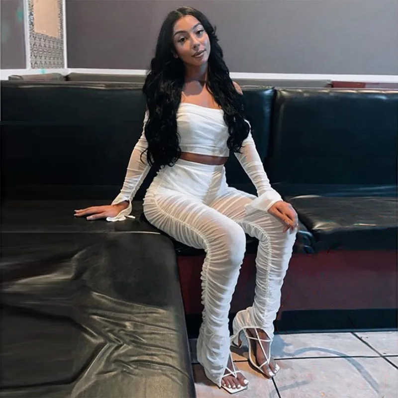 

Summer 2021 Women Club Clothes Sets Off Shoulder Mesh See Through Sexy Two Piece Set Backless Crop Top and Pants Matching Sets