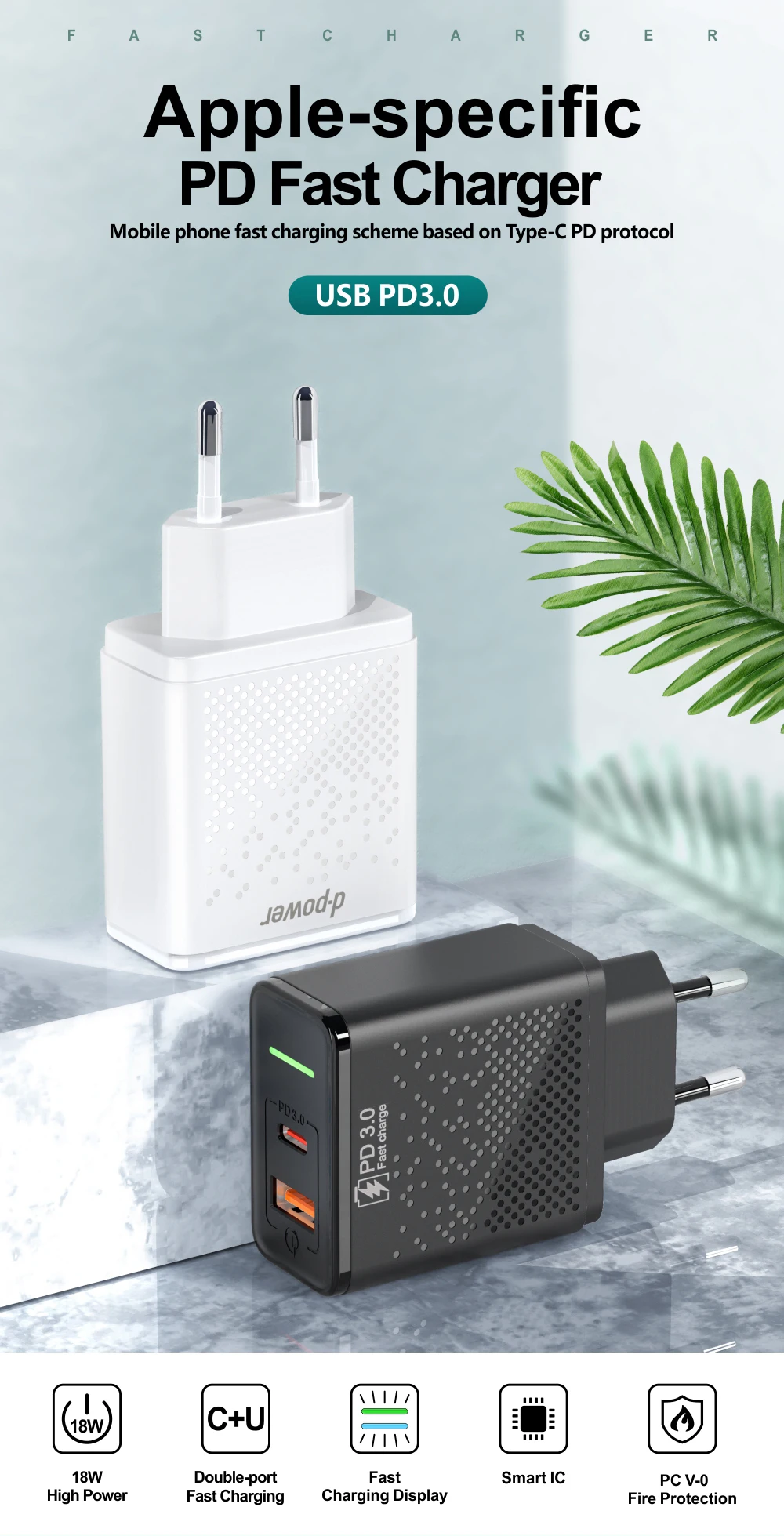 D Мощность 18 Вт USB питание PD быстрое зарядное устройство Быстрая зарядка 3,0 usb type C телефон адаптер ЕС Разъем для iPhone 8 X XS для samsung