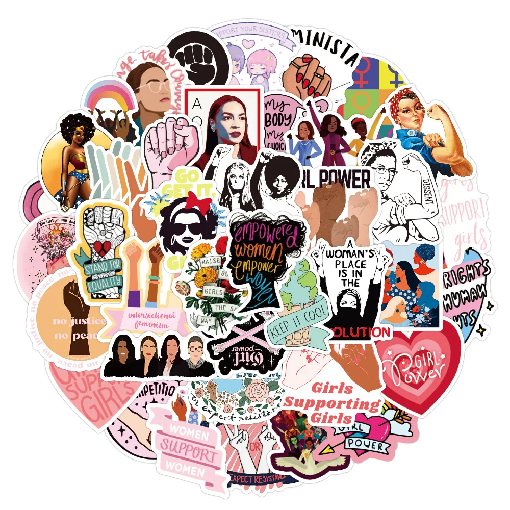 Pegatinas de dibujos animados de apoyo feminista para mujer, 10/30/50 uds, nevera, guitarra, port&aacute;til, motocicleta, viaje, impermeable-2
