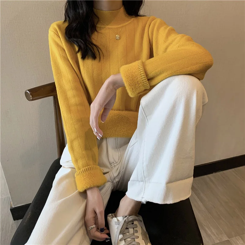 

Lucyever 2020 Winter Thicken Plus Velvet Sweater Women Match-all Solid Knit Pullovers Woman Korean Casual Lazy Slim Fit Sweaters