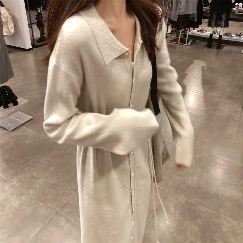 

Women Sweater Dress Single Breasted Turn Down Collar Long Sleeve Sweater Cardigan Slim Vintage Korean Party Dress Oversized