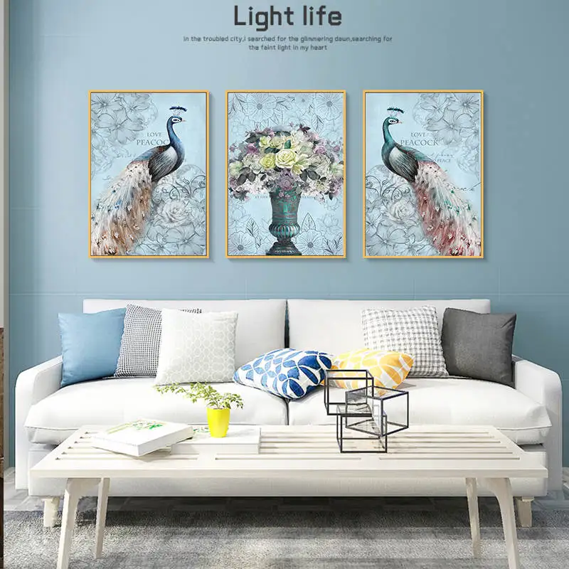 Синий павлины рисунок цветов на холсте настенные плакаты и принты современный