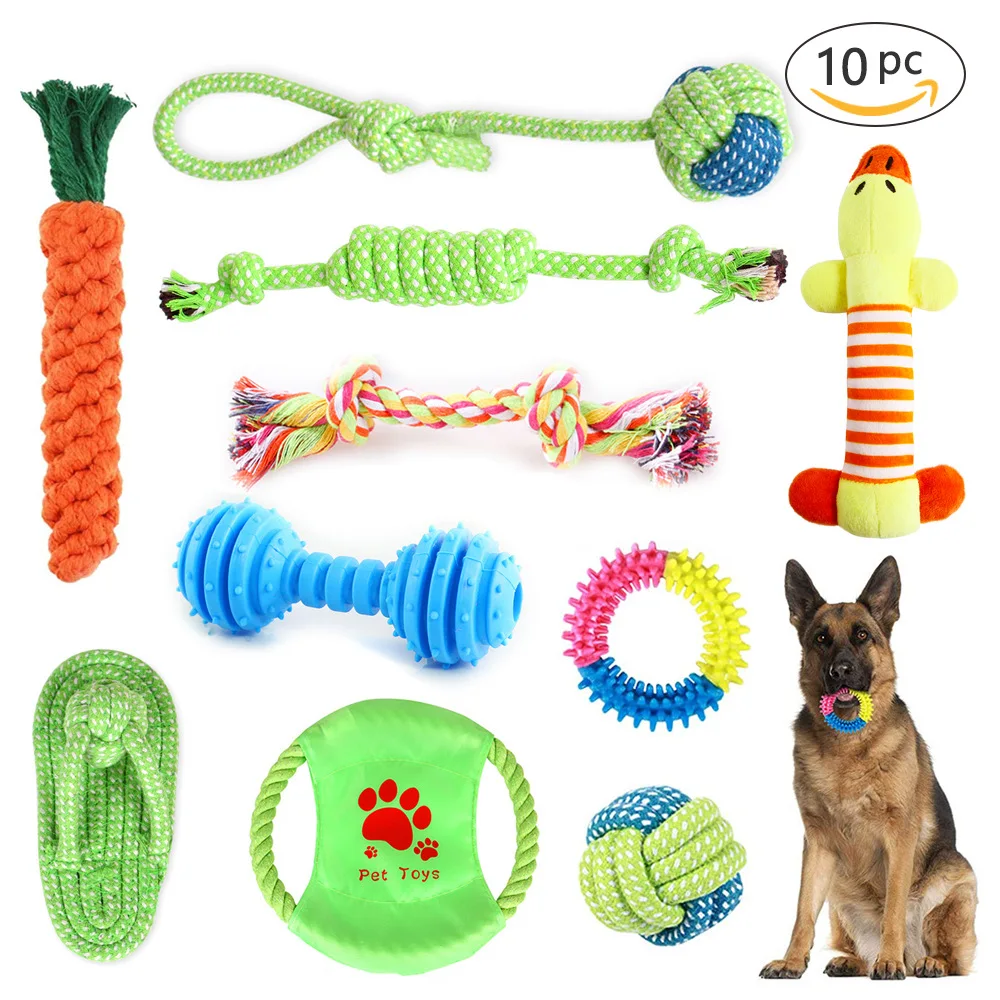 

10pcs Cotton Rope Braided Pet Dogs toys Set Dogs Chew Stress Reliever Toys Toothbrush for dog Cleaning Supplies Squeak Plus Toys