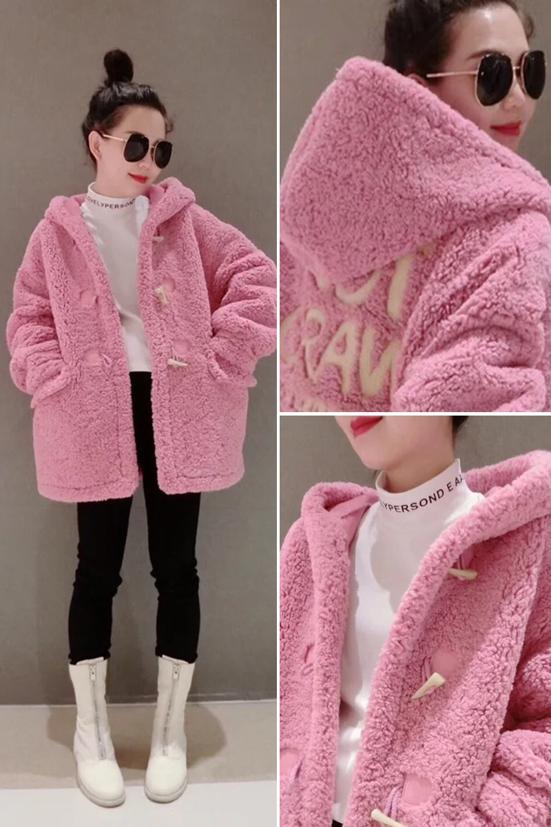 

Lamb cashmere coat new autumn and winter fashion hooded furry plus velvet women's coat