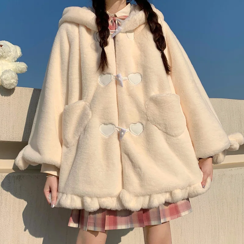 Japanese Kawaii Girl Jk Faux Fur Teddy Coat Cute Bear Ears Lolita Jacket Women Winter Thickened Lantern Sleeve Female Plush Coat