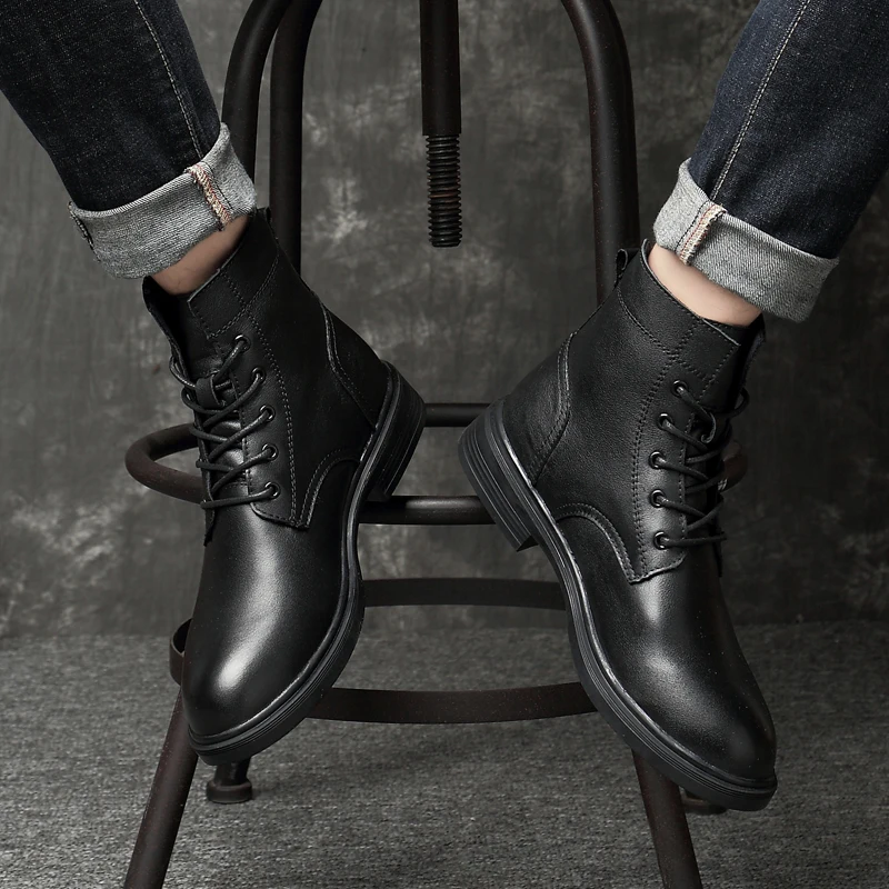 2019 осенне-зимние теплые высокие мужские ботинки из натуральной кожи Зимняя обувь