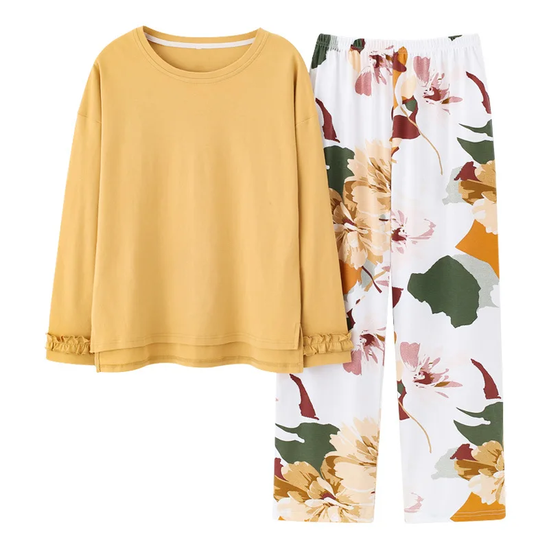 Комплект пижамный женский из хлопка с длинным рукавом осень размера плюс |