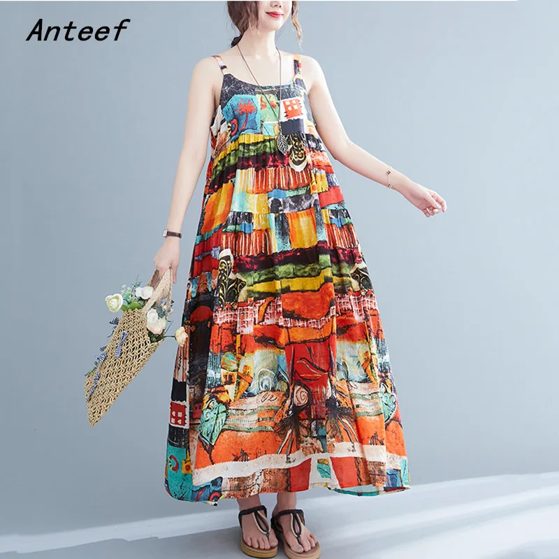 

sleeveless strap cotton vintage floral dresses for women casual loose long woman summer dress elegant clothing 2022