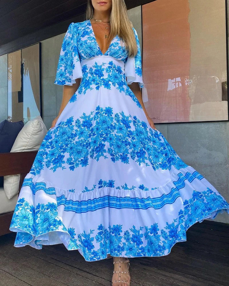 

Ruffles Floral Print Ruched Maxi Dress Women Casual Summer Dress