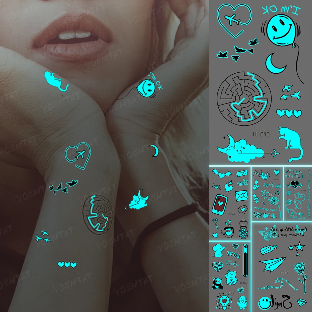 

Luminous Stickers Neck Tattoo Temporary Glitter Tattoo Kids Maze Balloon Bird Cat Moon Clouds Wrist Hand Tato Green Blue Glow