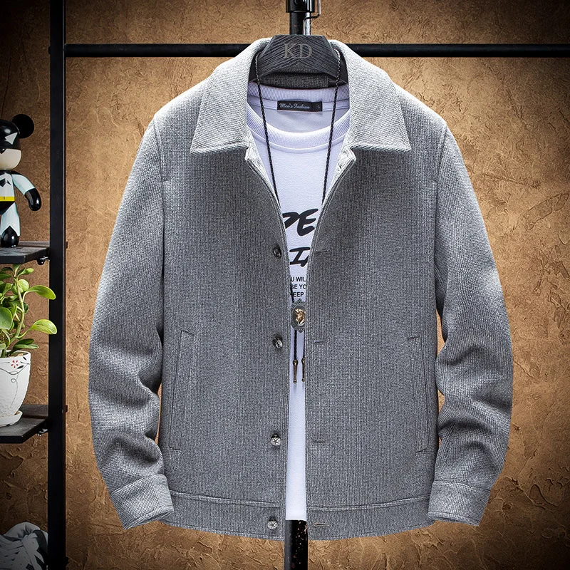 

Autumn Men's Jacket Korean Solid Color Long Sleeve Lapel Slim Thickened Casual Wear Button Decoration Jacquard Single Row Button