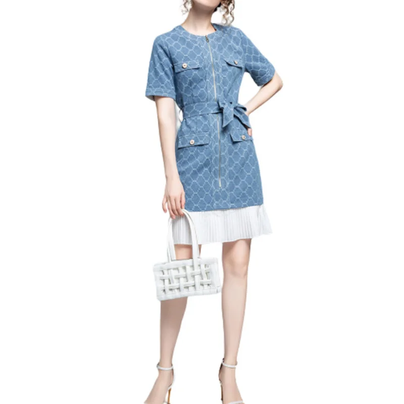 

2021 Fashion Denim Dresses Summer Autumn Lace Up A-line Dress Women Party Elegant O Neck Button Lace Patchwork Dress Vestidos