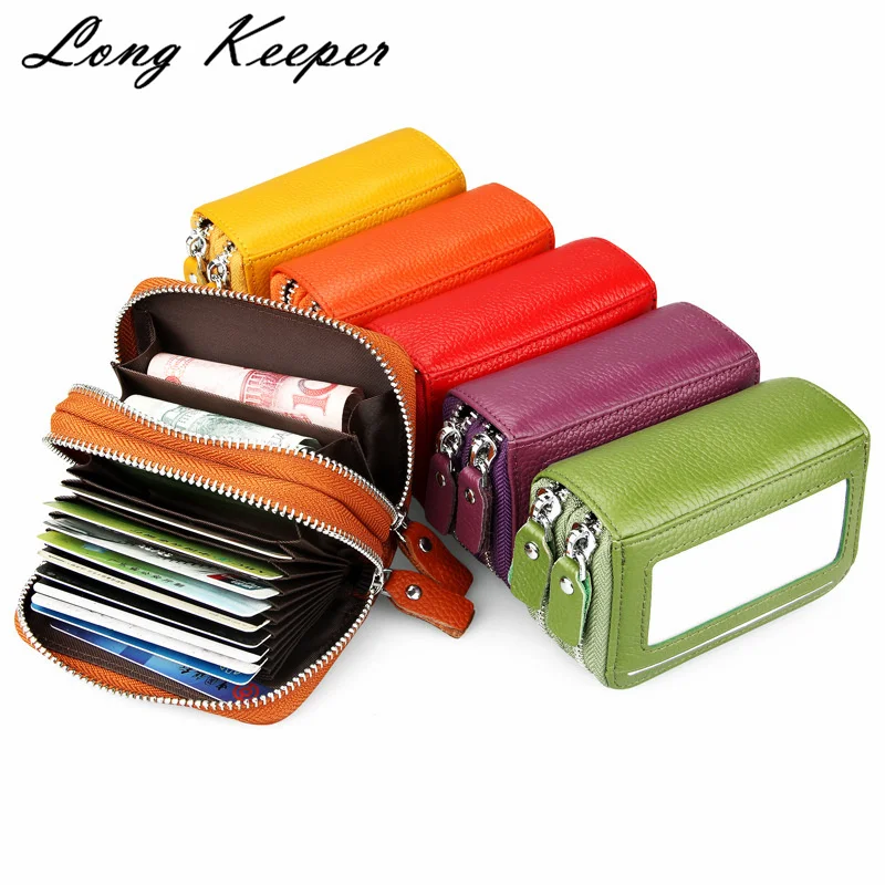 Женский бизнес держатель для карт из натуральной кожи кошелек с двойной молнией