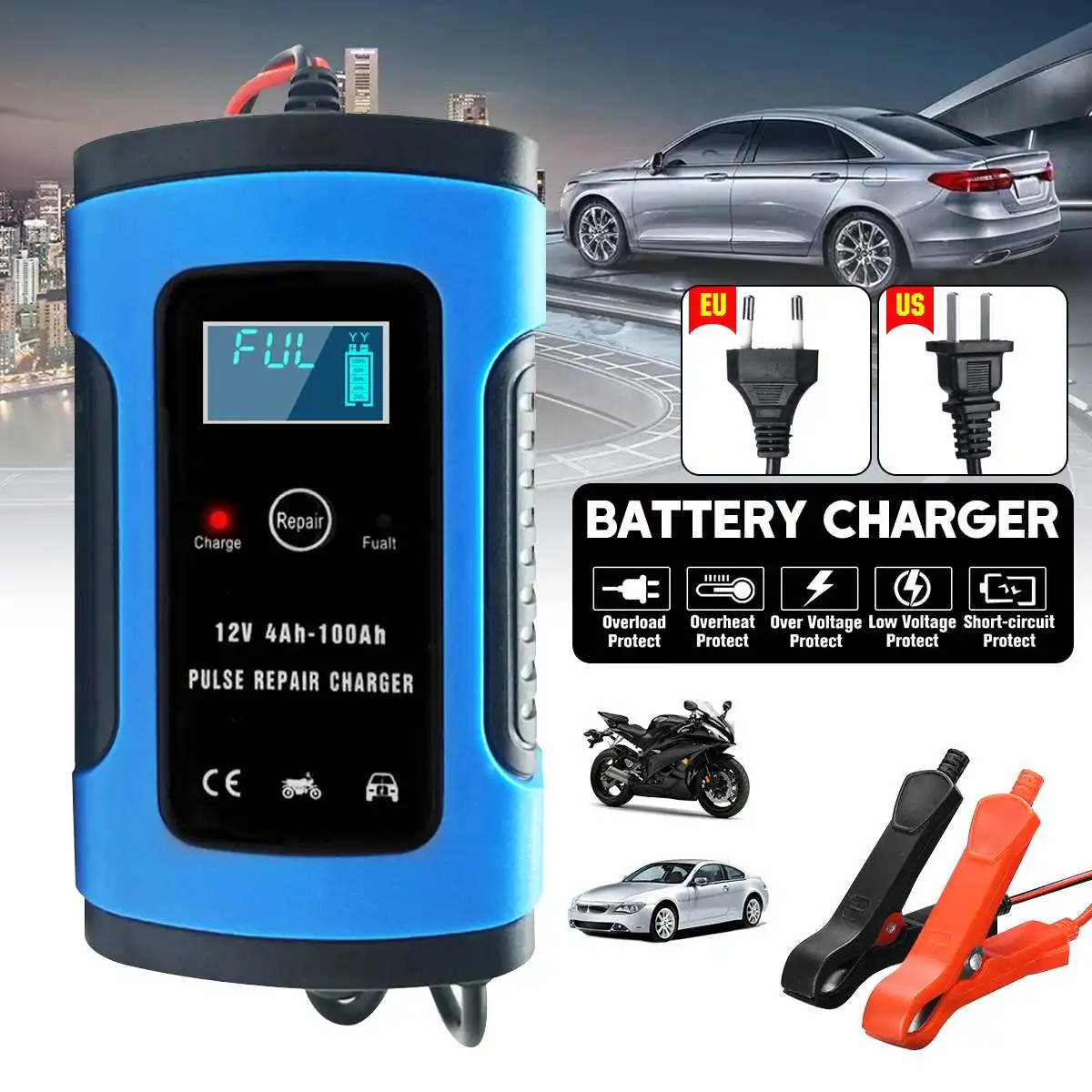 car battery charger 1224v 6a touch screen pulse repair lcd battery charger for car motorcycle lead acid battery agm gel wet free global shipping