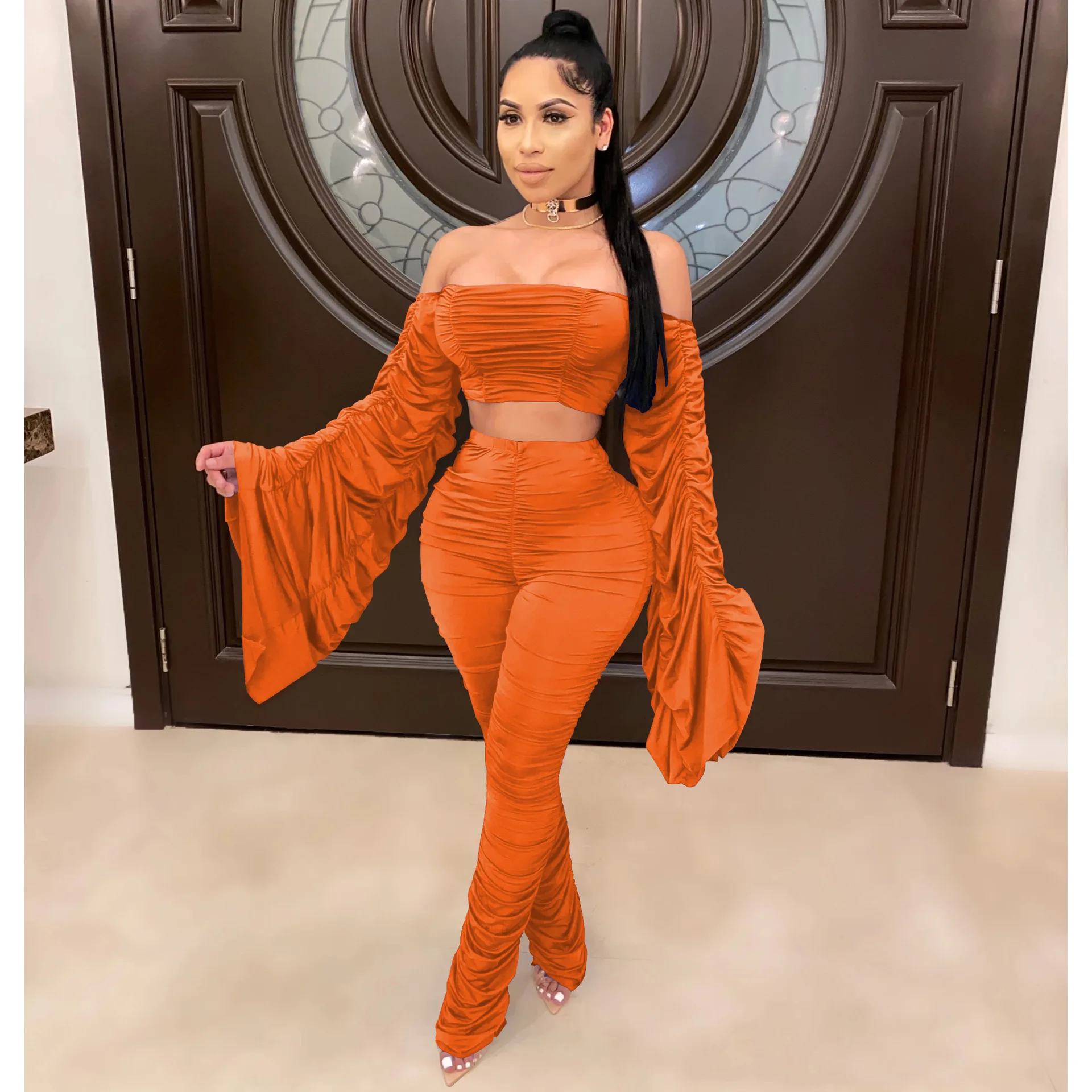 

Casual Off Shoulder Jogging Two Piece Set stracked Slash Neck Crop Top + Long Pants Paerty Night Streetwear Outfit