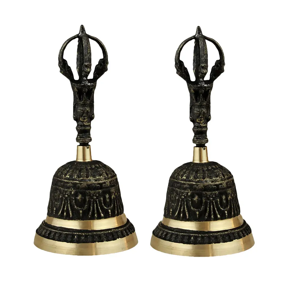 

Retro Copper Tone Handmade FengShui Hand Bells Metal Decorative Desktop Tibetan Buddhist Bell Handbell Loud Call Dinner Brass