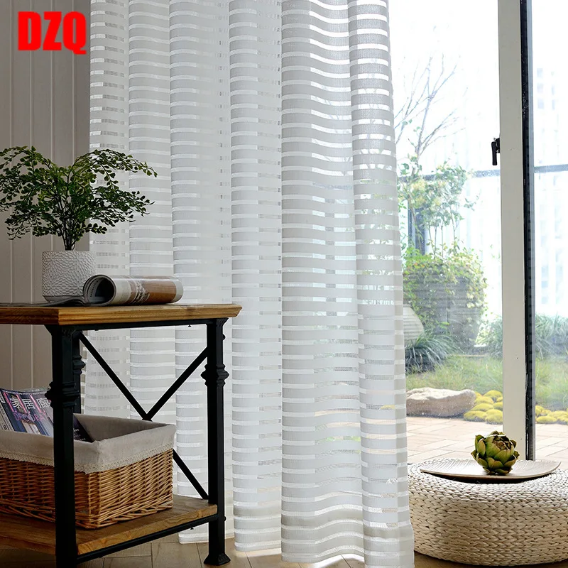 

Modern White Striped Window Tulle Curtains for Living Room Geometric Solid Sheer Curtain for Bedroom Voile Net Curtains Binds