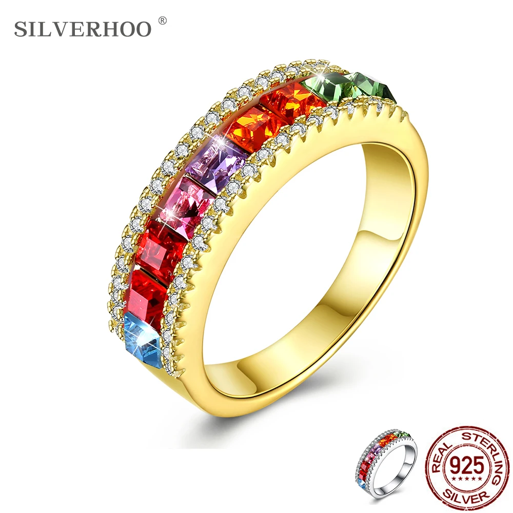 

SILVERHOO 925 Sterling Silver Ring Jewelry Rainbow Color Austria Crystal Sparkle Rings For Women Luxury Pretty Thanksgiving Gift
