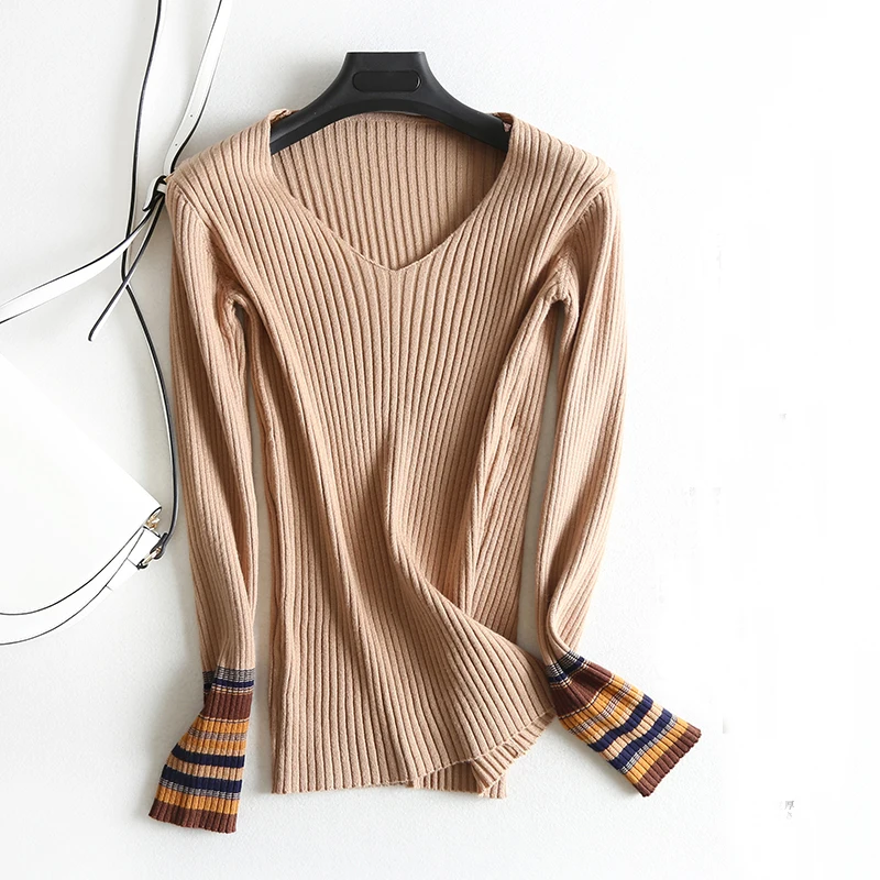 khaki AOEMQ, модный свитер, один размер, 5 цветов, в полоску, подходит для секса, v-образный вырез, женские топы, тонкий свитер, зимняя одежда для женщин, одежда - Цвет: khaki