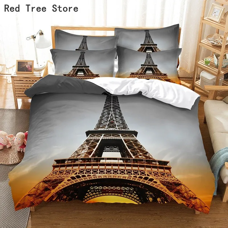 

Paris Eiffel Tower 3d Bedding Set Famous Scenery Duvet Cover Landscape Printed Boys Girls Adult Bedclothes with 1/2pc Pillowcase