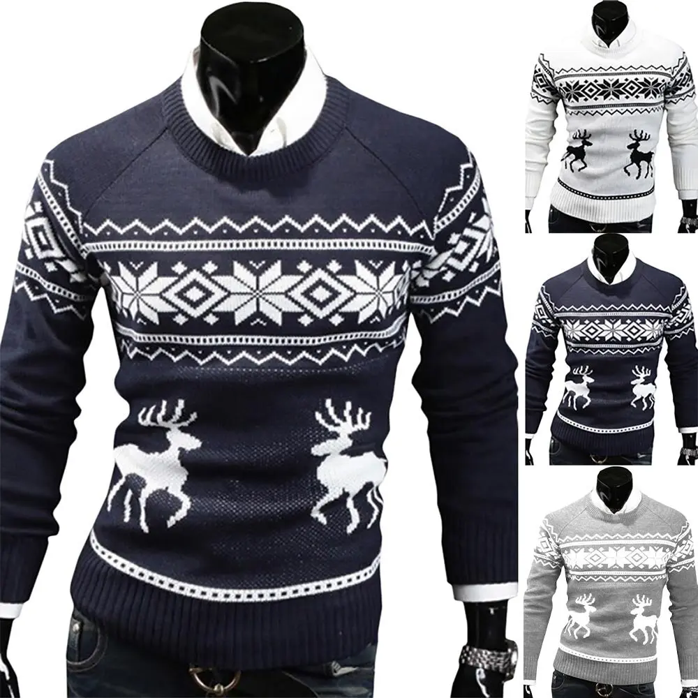 

Christmas Long Sleeve Crew Neck Knitted Jumper Winter Warm Snowflake Printed Sweater Pullover Tops