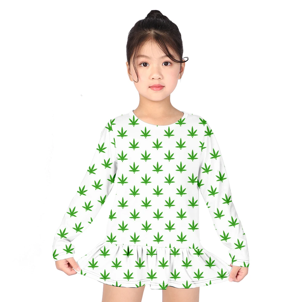 Платье-рубашка для девочек с объемным изображением листьев конопли