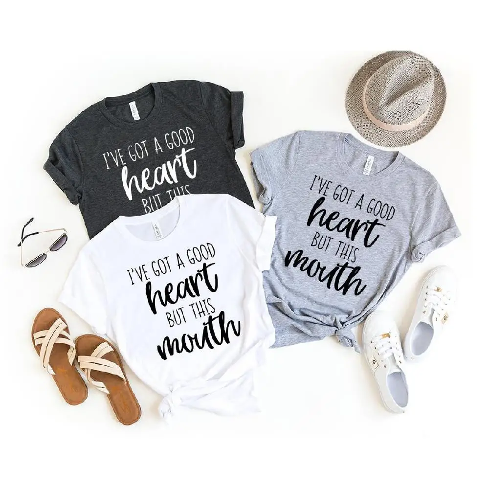 

LINSESS I've Got A Good Heart But This Mouth T-Shirt Women Print Short Sleeve Lady Funny O-Neck Cotton Tops Mom Shirts Harajuku