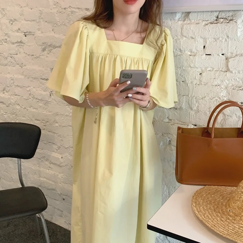 

Korejpaa Women Dress 2021 Korean Fashion Elegant Chic Summer Square Collar Fold Design Loose Wild Fly Sleeves Long Vestido