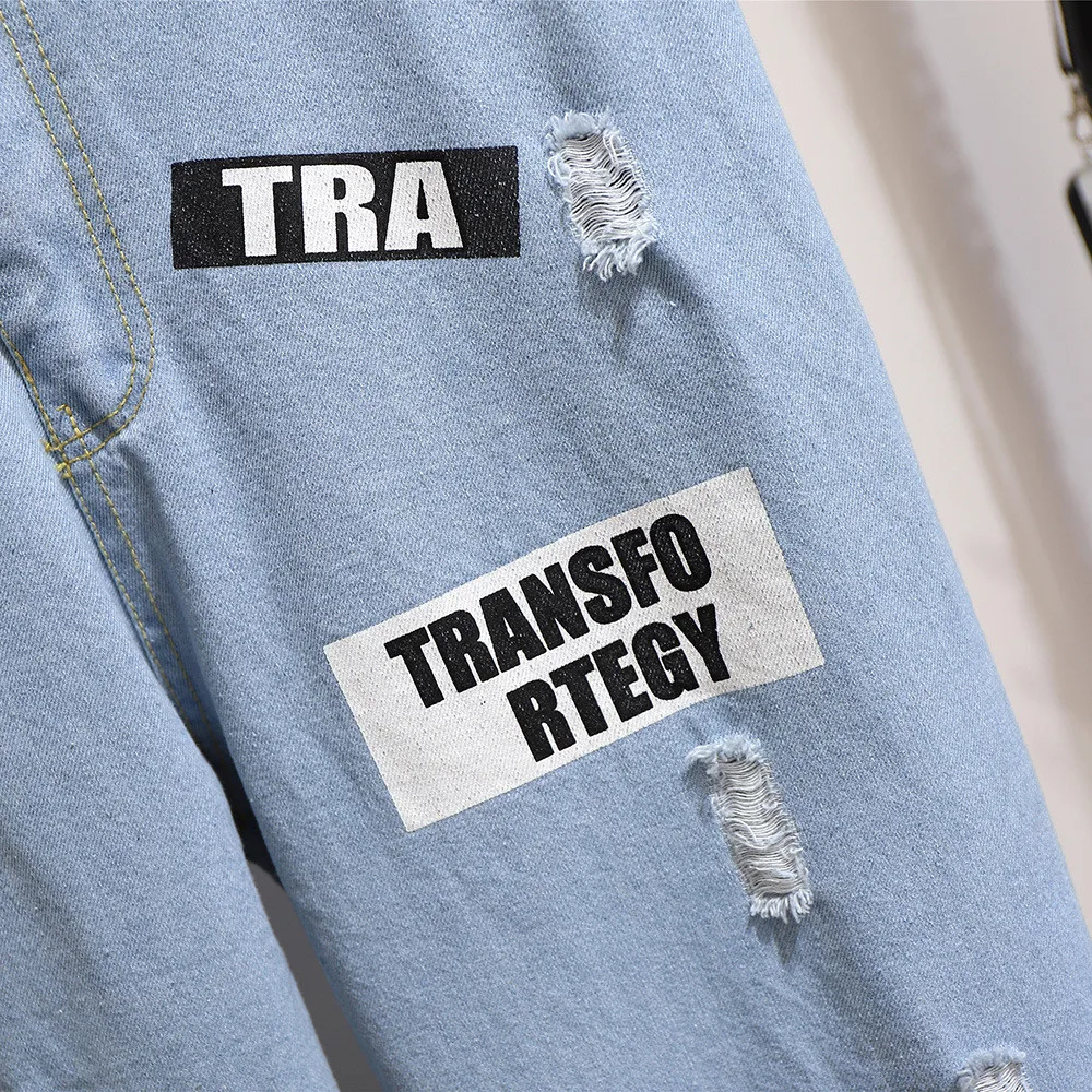

150KG Large Size Trouser 6XL Plus Size Letter Print Ripped Hole Wide Leg Denim Pant Female Loose Casual Spring Autumn Wild Jeans