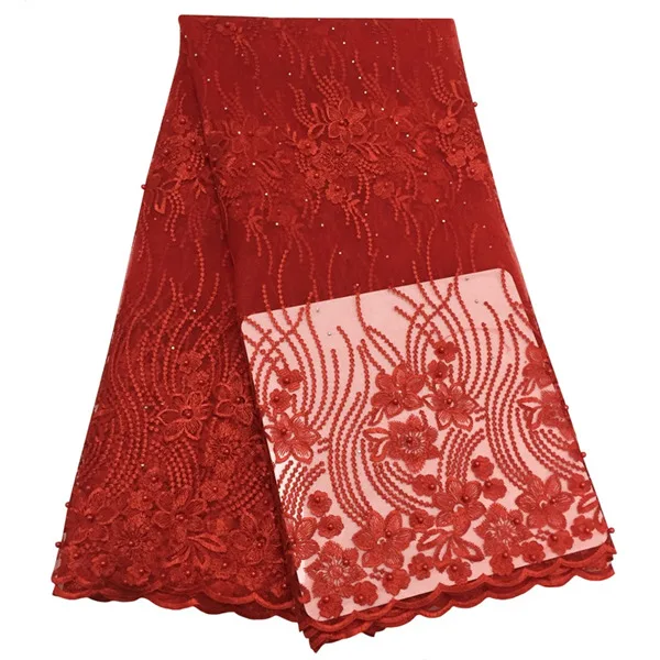 red Новейшая африканская кружевная ткань с цветочной вышивкой нигерийские швейцарские кружева с бисером высокого качества для свадебного платья - Цвет: red