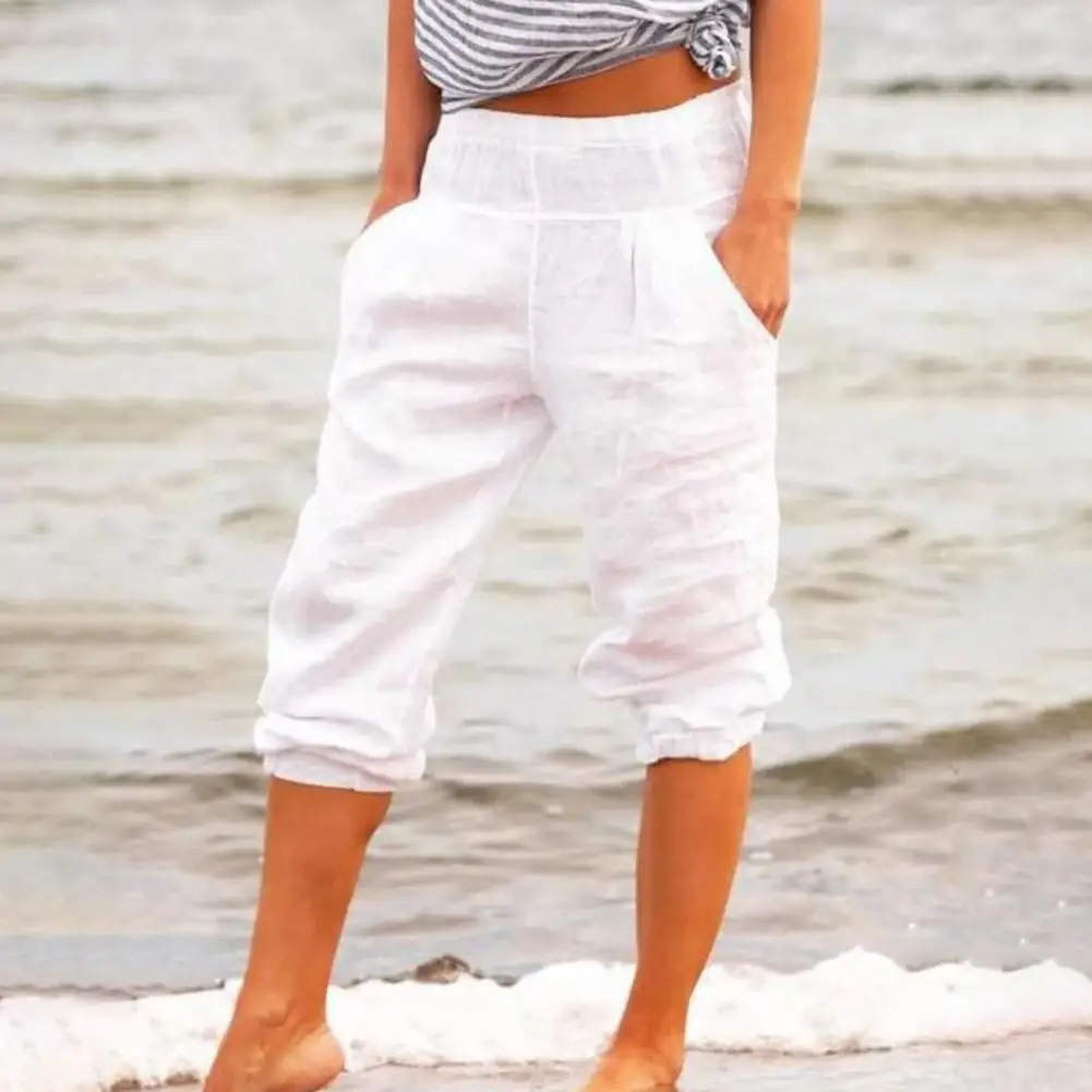 

Casual Women Capri Pants Pockets Solid Color High Waist Loose 3/4 Trousers for Daily Life