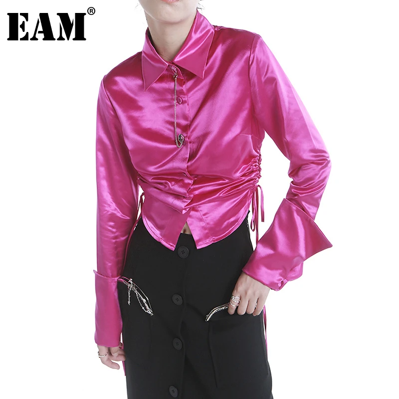 

[EAM] женская розовая красная короткая блуза на шнурке, новая свободная рубашка с отворотом и длинным рукавом, модная весенне-осенняя 2022 1DE2387