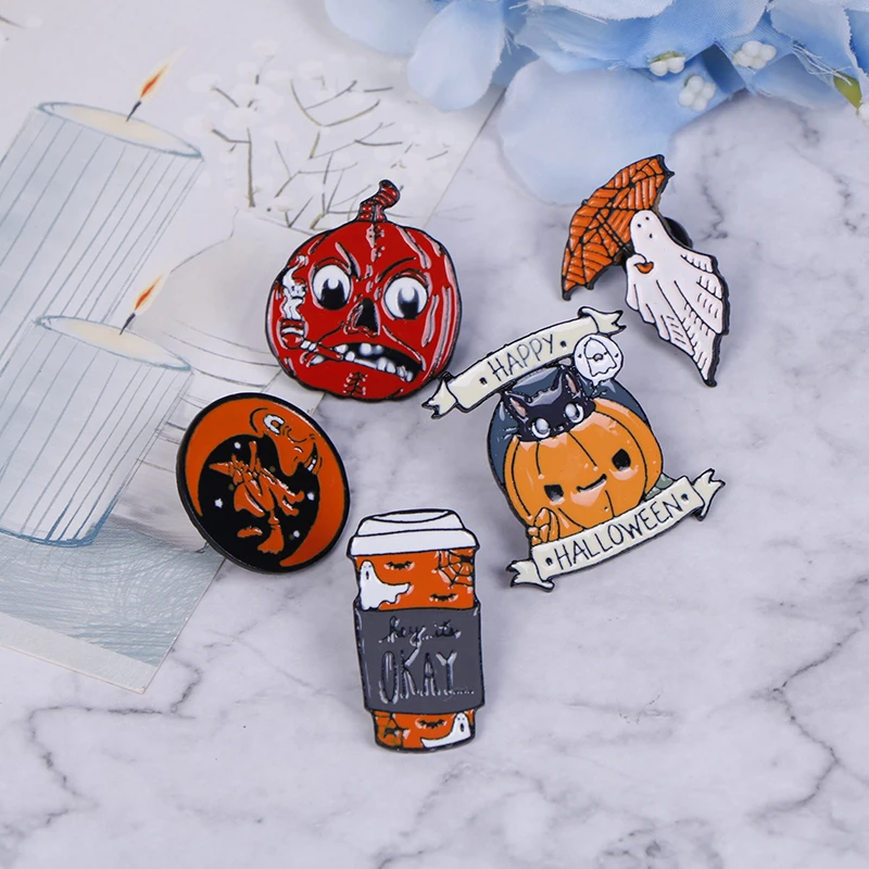 Эмалированная заколка для Счастливого Хэллоуина на заказ кофейная луна призрак