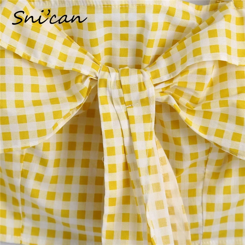 

Summer Spring Yellow Bow Plaid Camis Vintage Ladies Sexy Strap Short Tops Women Za 2021 Chemisier Femme Blouse Haut Chandails