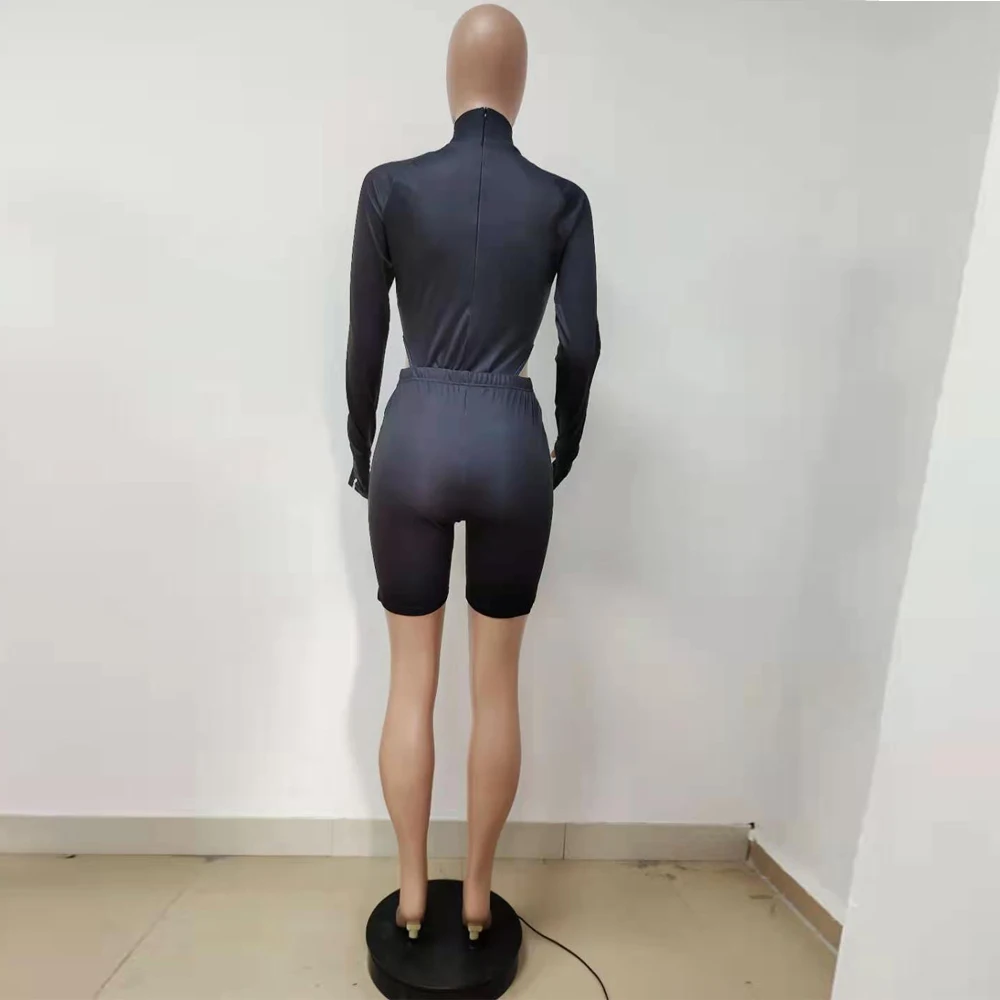 

Casual Letter Print Fitness 2pcs Matching Sets Woman Tracksuit Turtleneck Long Sleeve Bodysuit+skinny Biker Short Co-ord Outfit