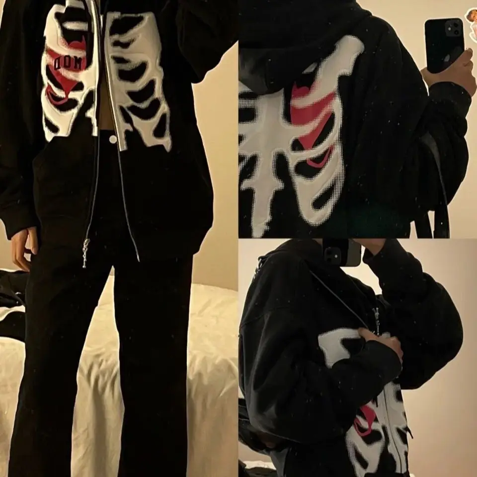 

Zip-up Y2K Gothic Harajuku Hooded Sweatshirt Women Skull Printed Goth Grunge Coat Top Korean Loose Long Sleeve Female Jacket