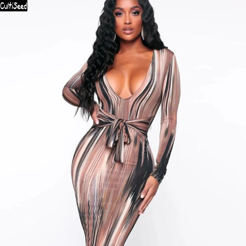 

Cultiseed Women Sexy Deep V neck Strapless Slim Hip Long Dress European Ladies Long Sleeve Long Dress Female Elegant Print Dress
