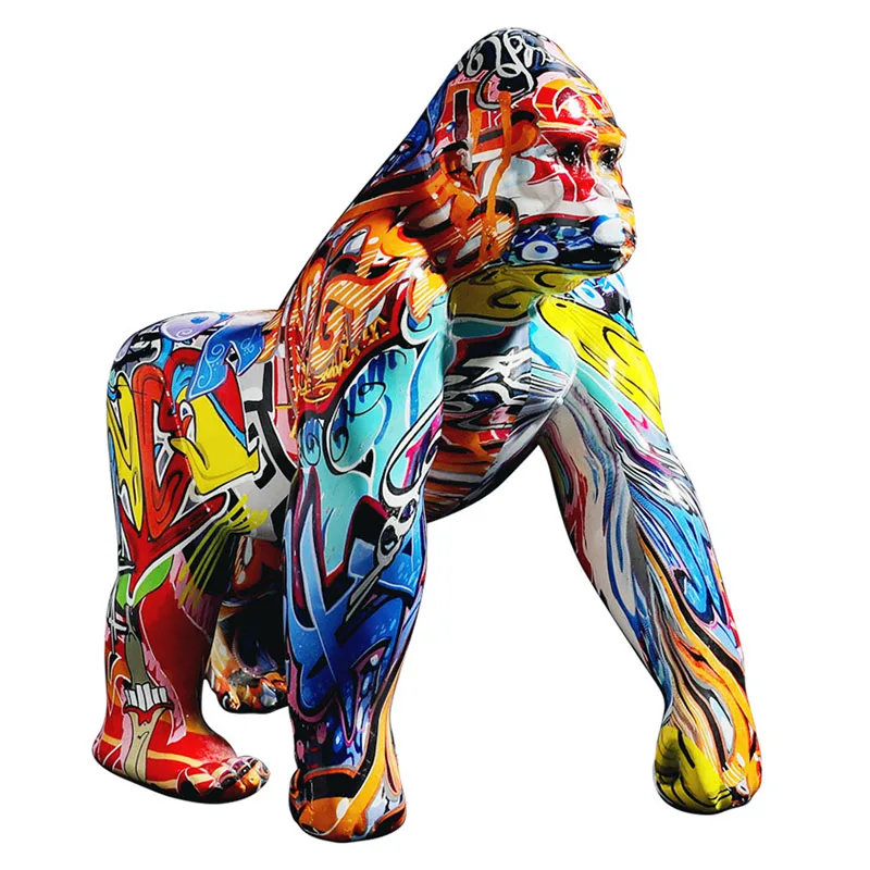 

European Creative Colorful Graffiti Gorilla Statue Vintage Resin Animal Sculpture Desktop Ornament Home Decoration Accessories